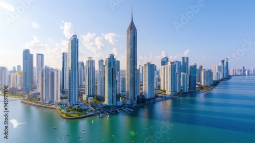 Aerial view of modern coastal city skyline