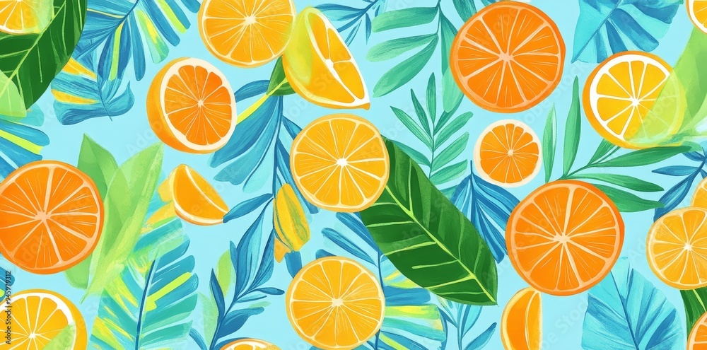 Citrus fruits, such as lemons and oranges, are arranged in an abstract pattern with tropical leaves for decoration. Citrus fruits, such as lemons and oranges, are arranged in an abstract pattern with tropical leaves for decoration.