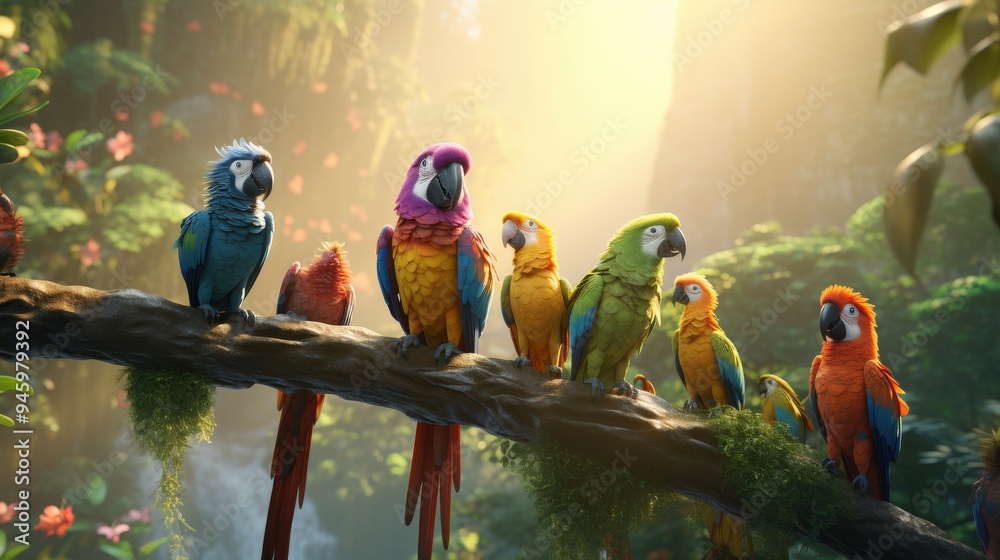 Obraz premium Colorful Parrots Perched on a Branch in a Lush Tropical Forest