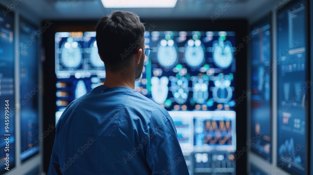 Doctor analyzing brain scans on multiple digital screens Doctor analyzing brain scans on multiple digital screens