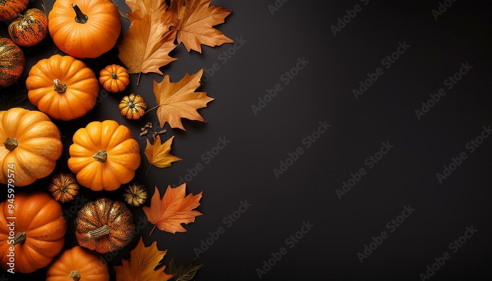Happy halloween flat lay mockup with pumpkins and leaves on black background. Autumn holiday concept composition. Top view with copy space. Generated ai. Happy halloween flat lay mockup with pumpkins and leaves on black background. Autumn holiday concept composition. Top view with copy space. Generated ai.