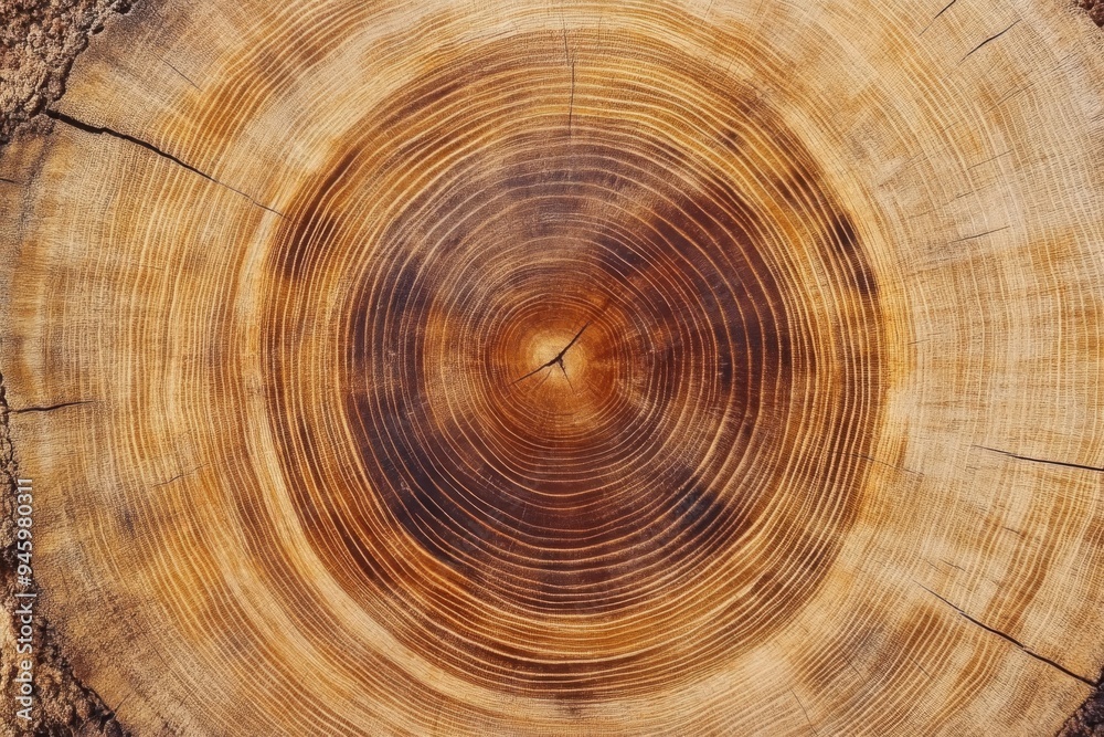 Fototapeta premium Cross section of cut wood tree trunk slice with wavy pattern cracks and rings sawed down from woods