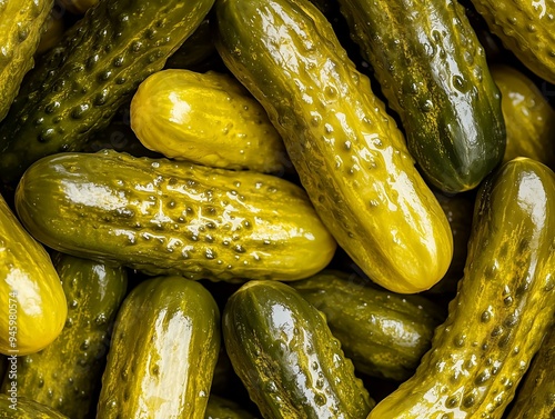 Close-Up of a Pile of Pickles, Highlighting Their Glossy Texture and Vibrant Green Color photo