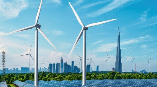 Wind turbines and solar panels with city skyline