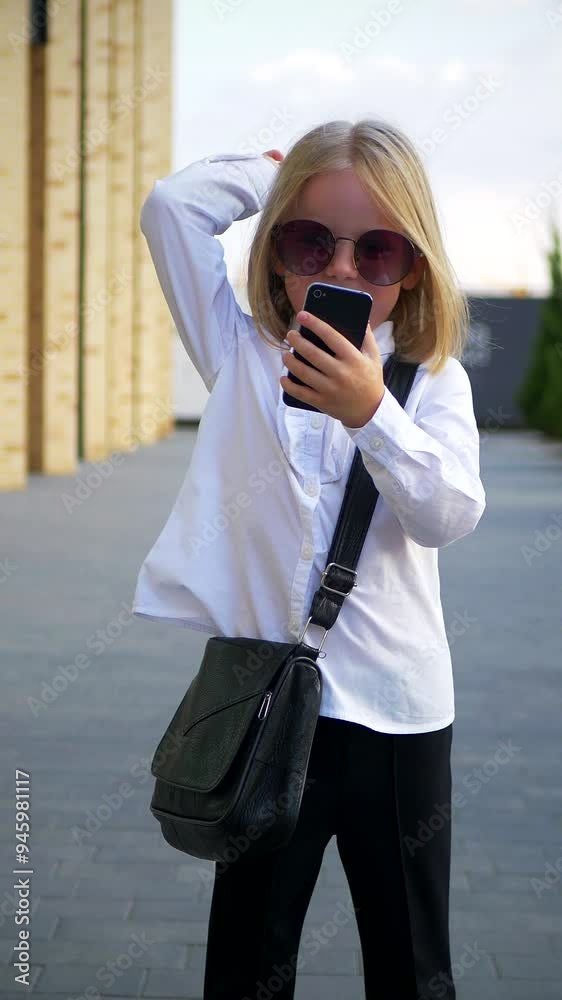 Vertical, A young girl wearing stylish sunglasses, playing with her smartphone and is very happy. A little happy girl in sunglasses is texting on her phone. Business woman Vertical, A young girl wearing stylish sunglasses, playing with her smartphone and is very happy. A little happy girl in sunglasses is texting on her phone. Business woman