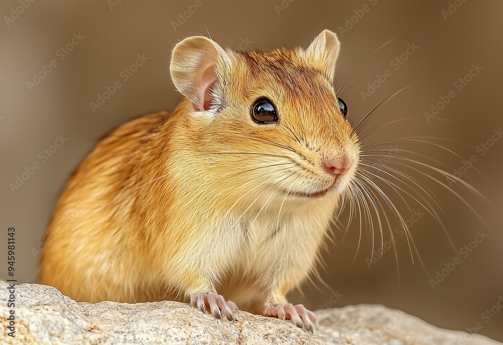 Adorable Gerbil Sitting on a Rock with Curious Eyes and Soft Fur, Ideal for Pet Care Blogs, Rodent Illustrations, or Educational Materials on Small Mammals Adorable Gerbil Sitting on a Rock with Curious Eyes and Soft Fur, Ideal for Pet Care Blogs, Rodent Illustrations, or Educational Materials on Small Mammals