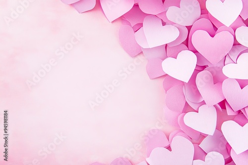 Cut out pink heart shapes on pink paper over a flat copy space for love messages or greeting cards for Valentine's Day