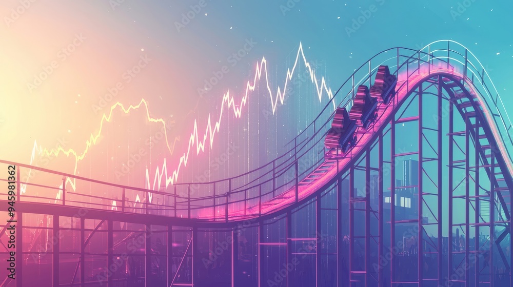 Obraz premium A rollercoaster track shaped like a graph line, with steep climbs and sharp drops, featuring market symbols riding the track
