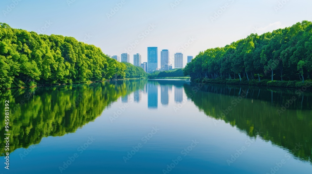City skyline reflected in calm river surrounded by greenery City skyline reflected in calm river surrounded by greenery