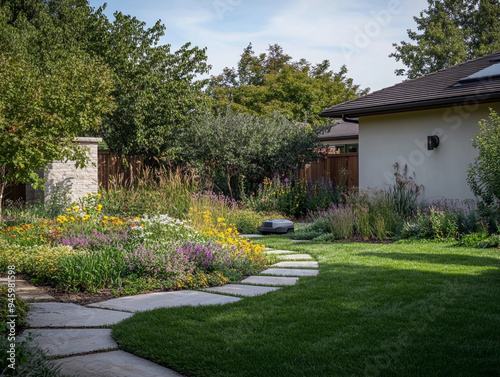 Smart garden with automated systems: A beautifully landscaped garden with a smart irrigation system, robotic lawn mower