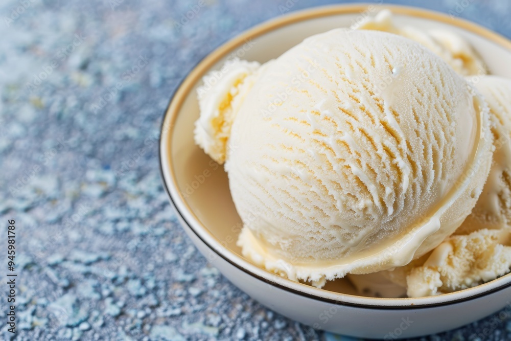 Vanilla ice cream scoops in a bowl on textured surface Vanilla ice cream scoops in a bowl on textured surface