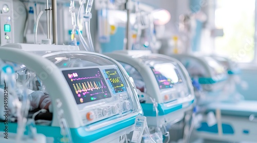 Advanced neonatal intensive care unit NICU with incubators and monitoring systems, critical care, neonatal health