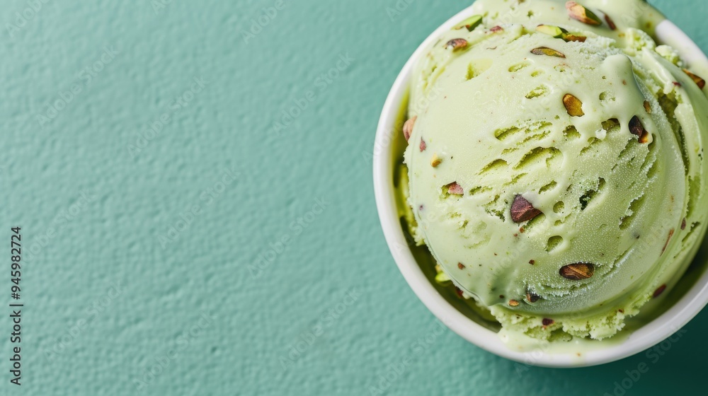 Pistachio ice cream scoop with nuts on green background