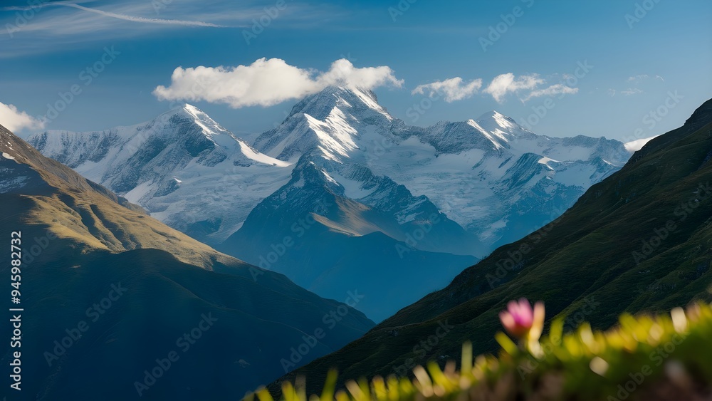 Fototapeta premium Captivating Photo of the Majestic Tatra Mountains, Showcasing Snow-Covered Peaks, Lush Meadows, and a Serene Blue Sky with Hikers on a Mountain Path