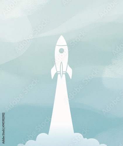 minimalistic graphic of a rocket taking off, shown as a white silhouette against a pastel blue sky. Generative AI