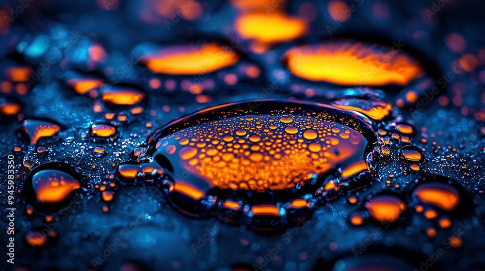 A macro shot of a water droplet adorned with orange and blue droplets beneath it A macro shot of a water droplet adorned with orange and blue droplets beneath it