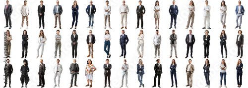 Many business people set isolated background, casual formal attire wear, full body length, networking mixed different diversed businesspeople, happy male female, successful career, crisp edges style