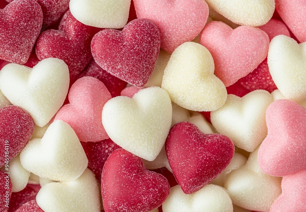 Fototapeta premium Valentine's Day theme stock image - pink, red, and white hearts on the background, seamless, flat lay, wide angle