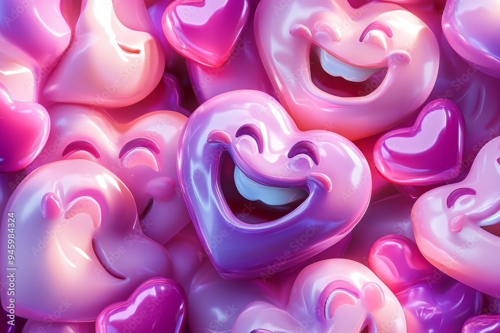 This pattern consists of various shades of pink cartoon hearts, each with its own happy face and open mouth, arranged on top of one another Stock Vector This pattern consists of various shades of pink cartoon hearts, each with its own happy face and open mouth, arranged on top of one another Stock Vector