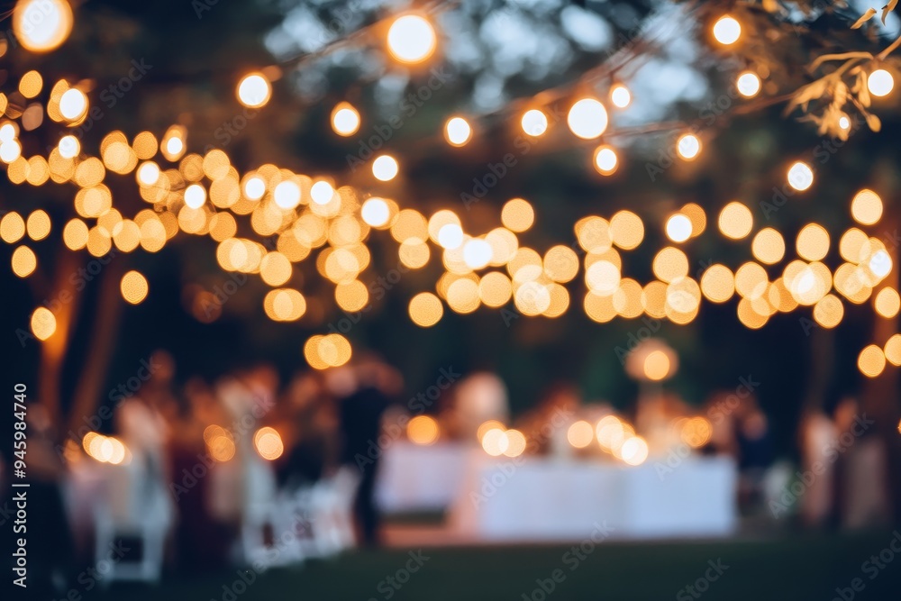 Guests enjoying an outdoor wedding in soft focus with lighting and string lights, captured in blurry background Stock Photo Guests enjoying an outdoor wedding in soft focus with lighting and string lights, captured in blurry background Stock Photo