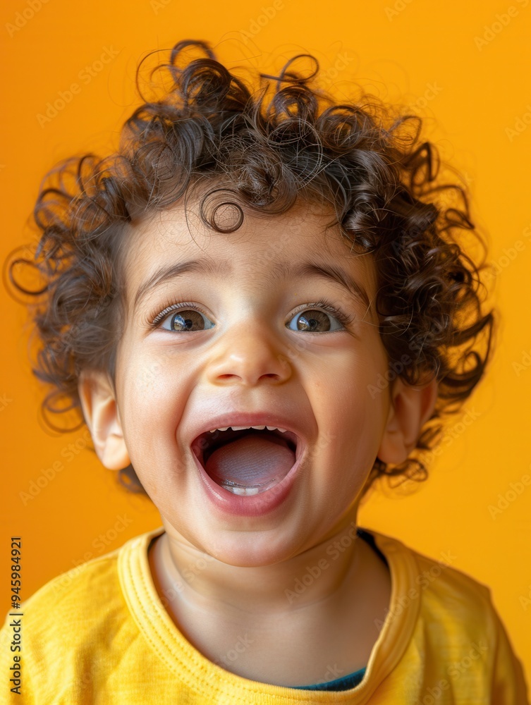 A young child with curly hair smiles widely, showcasing pure joy in front of a vibrant orange backdrop during playtime. Generative AI A young child with curly hair smiles widely, showcasing pure joy in front of a vibrant orange backdrop during playtime. Generative AI
