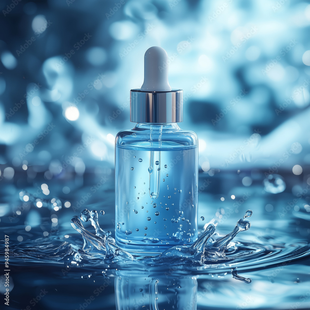 A blue serum bottle depicted with water splash effects, symbolizing intense hydration and freshness in skincare. A blue serum bottle depicted with water splash effects, symbolizing intense hydration and freshness in skincare.