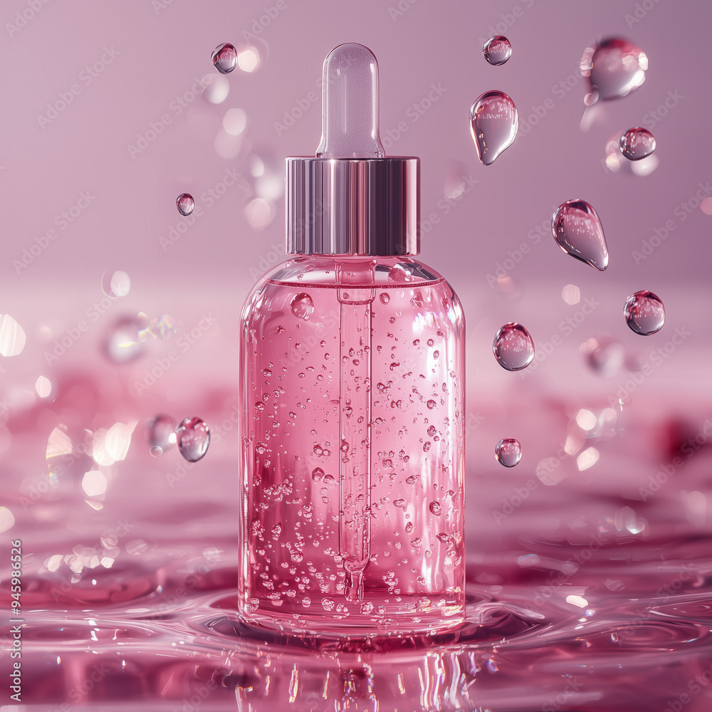 A pink serum bottle surrounded by water droplets, highlighting its hydrating and refreshing properties in a soft, feminine setting. A pink serum bottle surrounded by water droplets, highlighting its hydrating and refreshing properties in a soft, feminine setting.