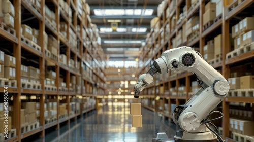 High-tech robotic arms sorting packages in a modern storage facility