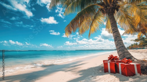 Fototapeta Naklejka Na Ścianę i Meble -  A palm tree stands elegantly on a tranquil beach, adorned with colorful Christmas gifts, embraced by the warm sunshine and the soothing sound of ocean waves