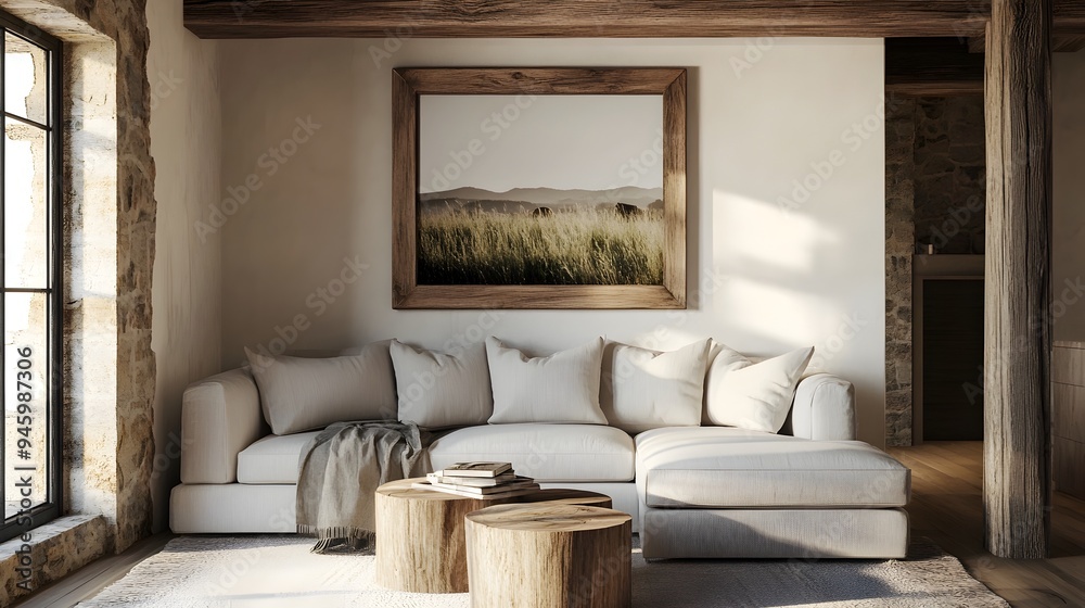Beautifully designed rustic farmhouse interior featuring a salvaged wood picture frame neutral linen upholstery exposed beams and ambient lighting creating a cozy and tranquil atmosphere Beautifully designed rustic farmhouse interior featuring a salvaged wood picture frame neutral linen upholstery exposed beams and ambient lighting creating a cozy and tranquil atmosphere