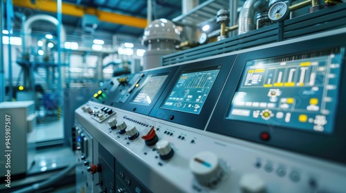 Control panel with digital displays and switches in a factory