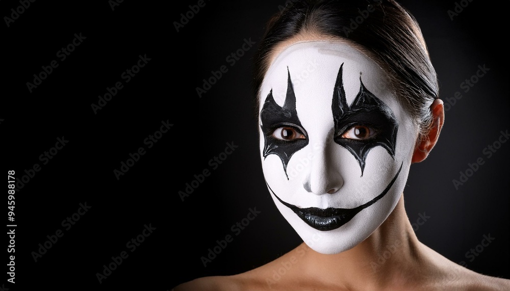 Woman's face with black and white Halloween Pierrot costume makeup Woman's face with black and white Halloween Pierrot costume makeup