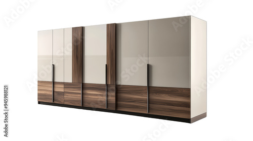 Modern cabinet with sleek design and wood accents, perfect for contemporary interiors. 