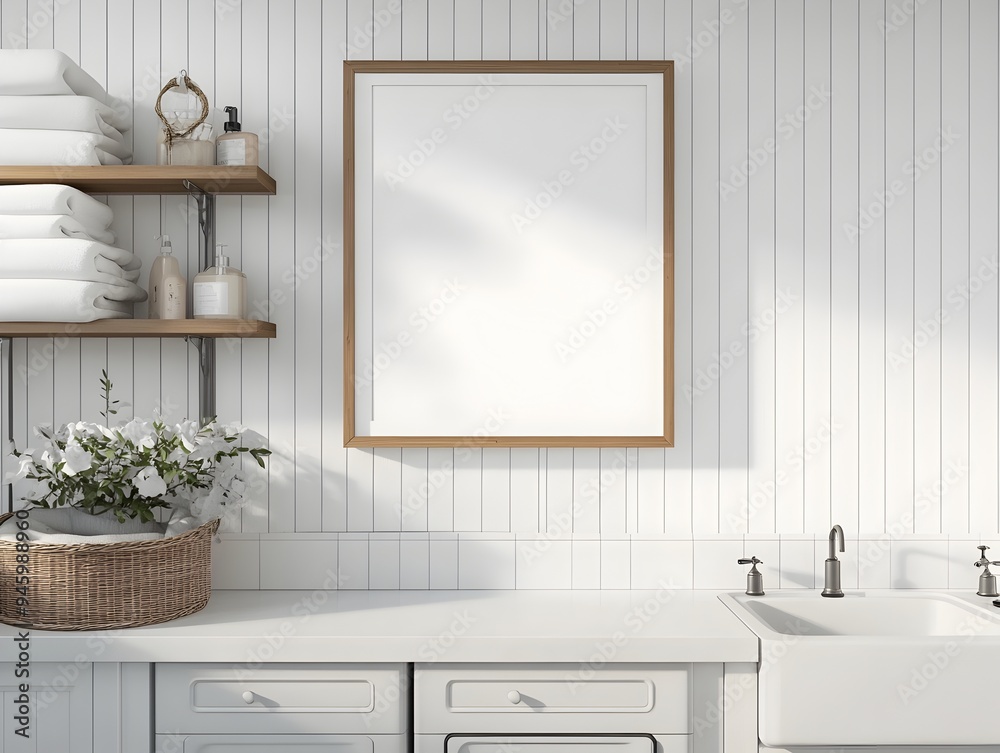 Fototapeta premium Bright airy farmhouse style laundry room with mockup frame displayed on shiplap accent wall color tile flooring open shelving and farmhouse style sink 3D render interior design scene