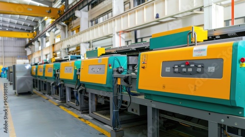 Rows of injection molding machines producing parts