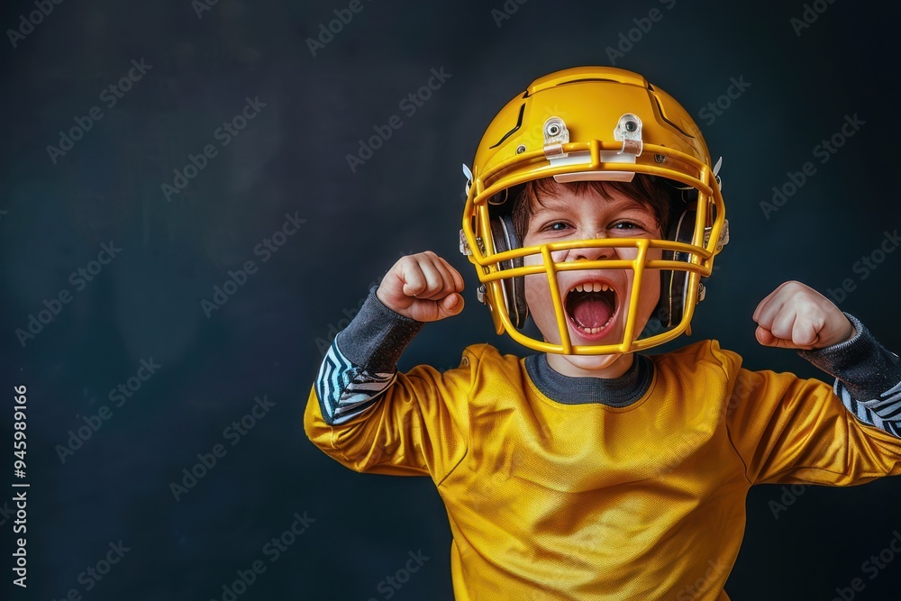 Confident young boy celebrates victory in oversized American football helmet and yellow jersey on dark background, arms raised in triumph, radiant smile reflecting joy. Confident young boy celebrates victory in oversized American football helmet and yellow jersey on dark background, arms raised in triumph, radiant smile reflecting joy.