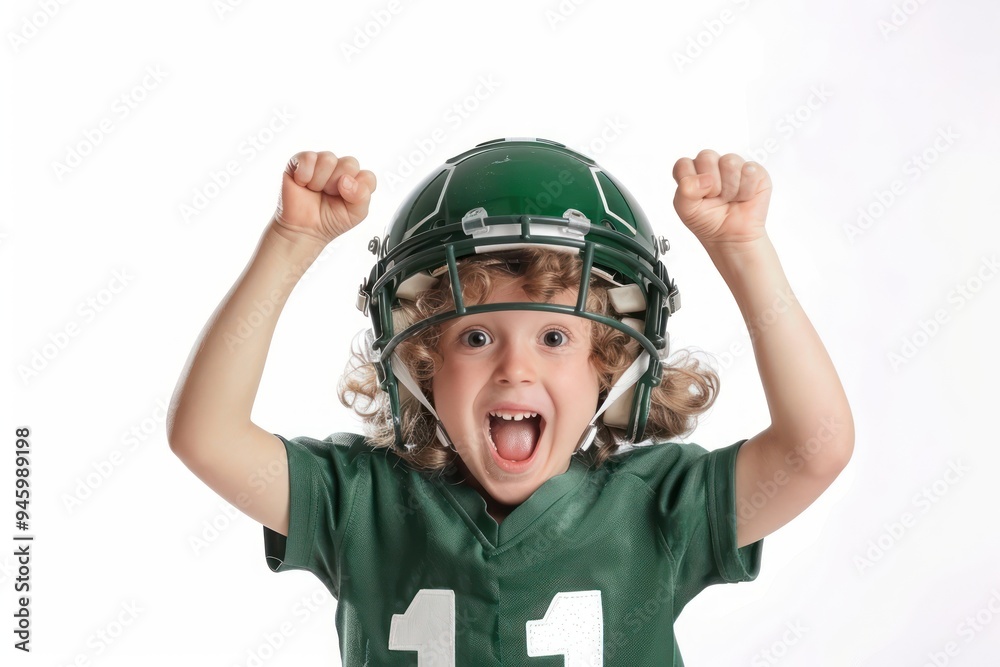 Young child celebrates in oversized American football helmet and green jersey on white background, arms raised high in excitement, conveying joy and enthusiasm. Young child celebrates in oversized American football helmet and green jersey on white background, arms raised high in excitement, conveying joy and enthusiasm.