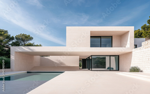 Mediterranean luxury villa with clean lines and elegant details. Premium Real Estate concept image.