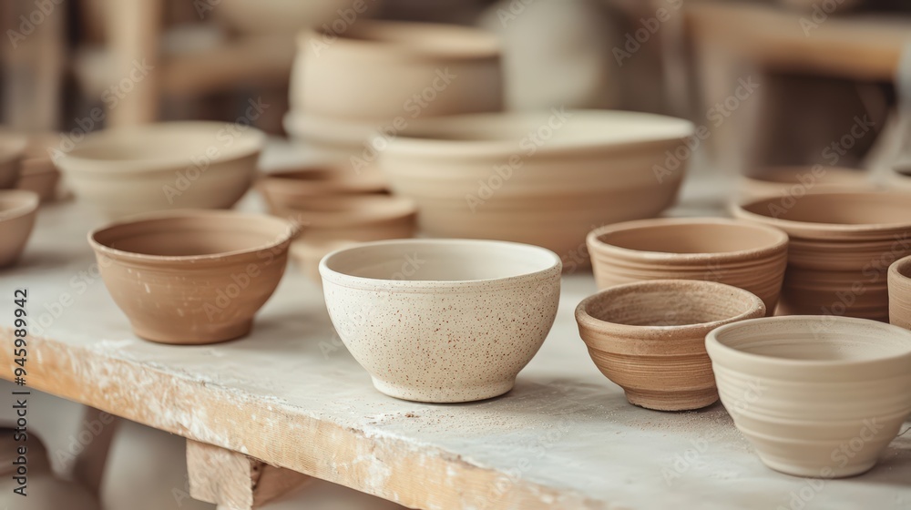 Crafted pottery, still life of handmade pottery and ceramic bowls, hobby and leisure concept Crafted pottery, still life of handmade pottery and ceramic bowls, hobby and leisure concept