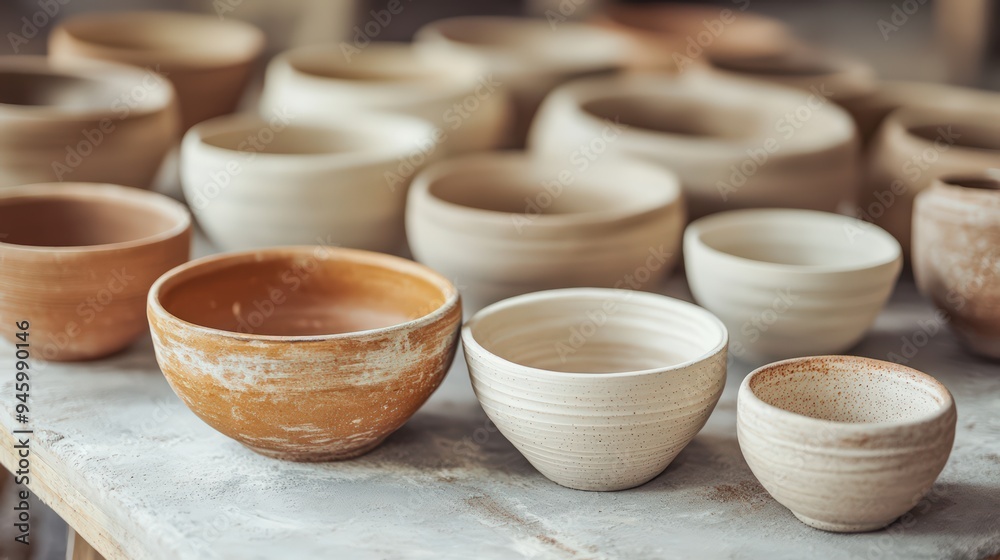 Crafted pottery, still life of handmade pottery and ceramic bowls, hobby and leisure concept Crafted pottery, still life of handmade pottery and ceramic bowls, hobby and leisure concept
