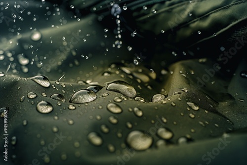 Wallpaper Mural Close-up shot of raindrop on dark green fabric. Spherical drop moves from top left to bottom right corner, reflecting light. Blurred background focuses attention on water droplet smooth surface. Torontodigital.ca