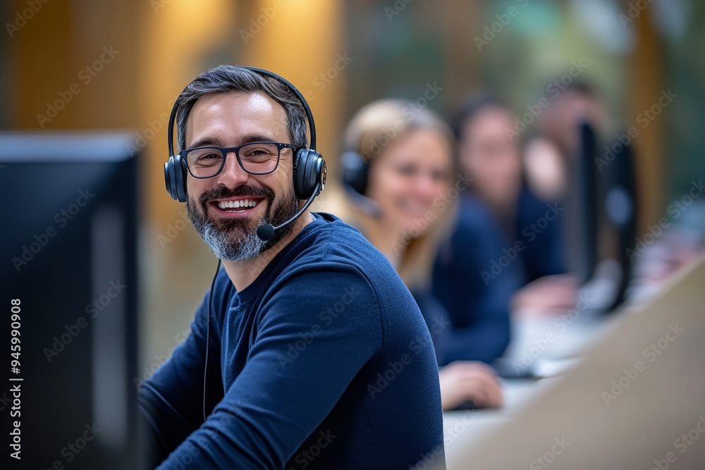 An employee working in the office with a hands-free headset is smiling. An employee working in the office with a hands-free headset is smiling.