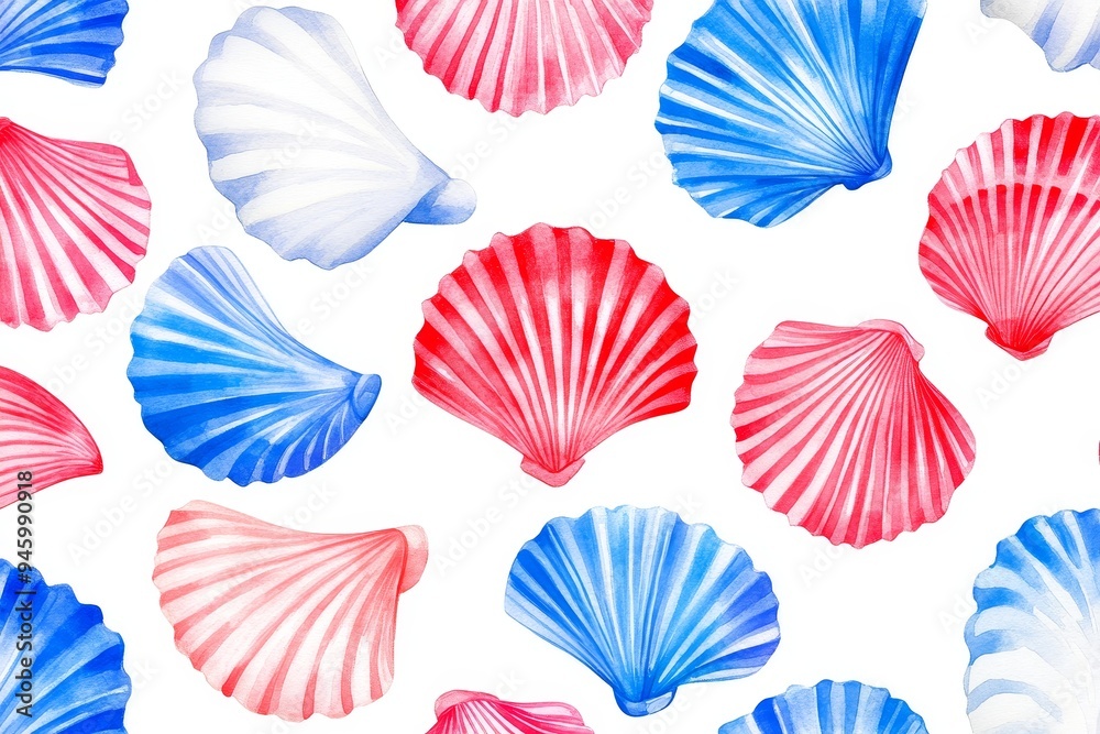 A watercolor pattern with red, white, and blue boho fans on a plain background