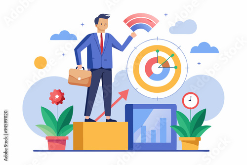 KPI, key performance indicator measurement to evaluate success or meet target, metric or data to review and improve business concept, businessman standing on top of KPI box measuring performance.

