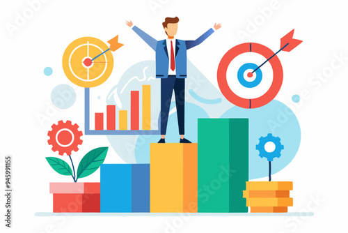 KPI, key performance indicator measurement to evaluate success or meet target, metric or data to review and improve business concept, businessman standing on top of KPI box measuring performance.
