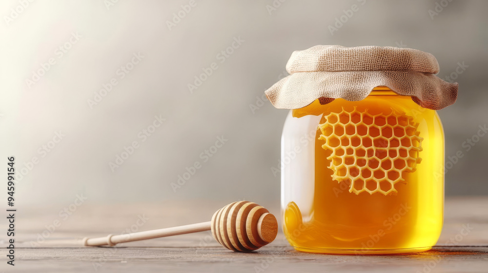 Organic honey jar, with honeycomb and dipper, 3D illustration