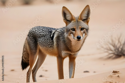 Golden Desert Coyote: A lone coyote, fur glowing in the golden light of the desert, stands alert, its piercing gaze captivating.  The sandy landscape adds to the wild and untamed spirit of this majest photo