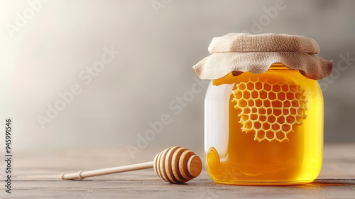 Organic honey jar, with honeycomb and dipper, 3D illustration