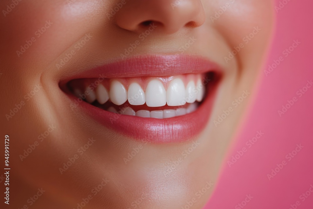 Obraz premium Close-up of a smiling woman's mouth against a blue background capturing her radiant expression and perfect teeth in bright daylight.