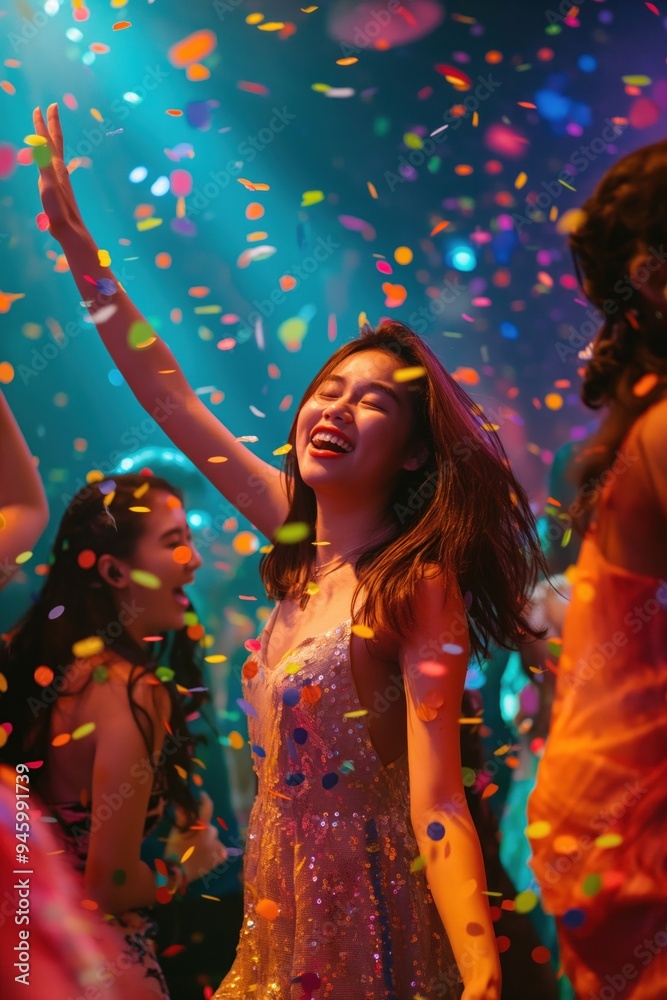 Obraz premium Group of joyful people dancing together at nightclub, surrounded by colorful lights, vibrant atmosphere. Confetti falls from above as twirl, spin in rhythm to music. Young Asian woman dances with